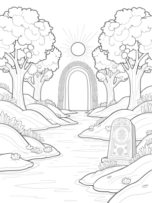 Tranquil Garden with Fruit Trees and Winding River