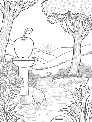Giant Golden Apple Fountain in a Serene Garden
