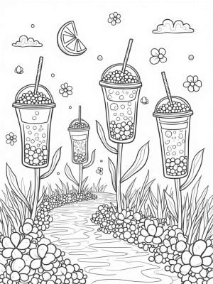 Boba Tea Garden with Flavorful Cups and Tapioca Pathway