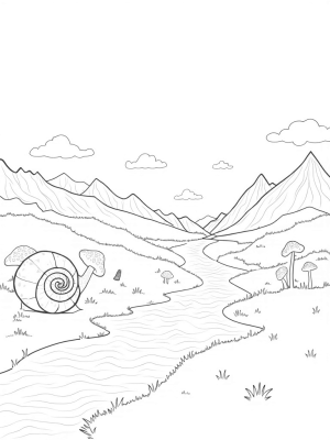 Whimsical Hillside with Giant Mushrooms and a Serpentine River