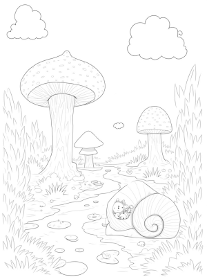 Mystical Forest Glade with Giant Mushrooms and Animal Clouds