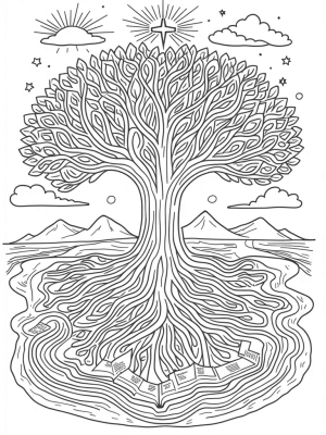 Swirling Tree of Life with Books and Symbols of Faith