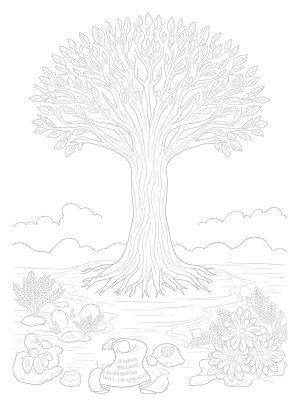 Towering Tree of Life with Doves and Joyful Fish