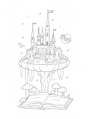 Floating Castle with Enchanted Owls and Spellbook