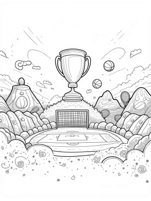 Colorful Sports Arena with Giant Balls and Trophies