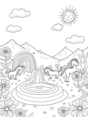 Fantastical Ponies in a Rainbow Fountain Meadow