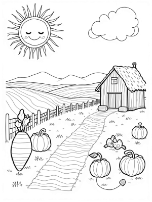 Sunny Farm Scene with Happy Vegetables and Chickens