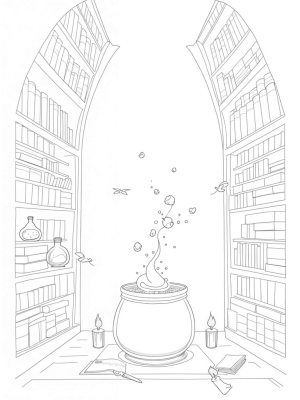 Magical Library with Floating Spell Books and Potions