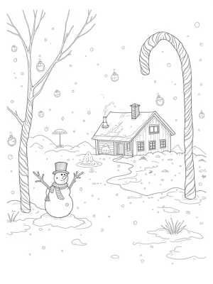 Giant Candy Canes and a Snowman in a Cozy Winter Scene