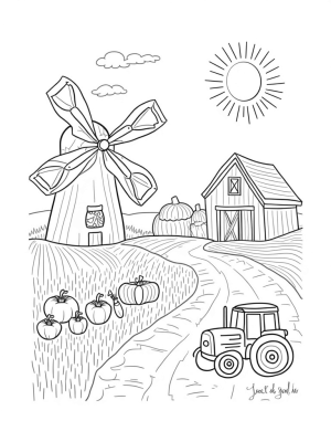 Giant Windmill and Smiling Veggies on the Farm