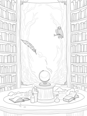 Mystical Library with Floating Quill and Potion Ingredients