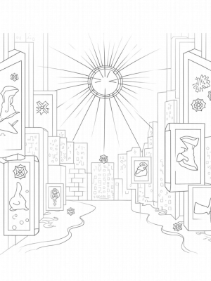 Urban Spider Web Skyline with Clock and Graffiti