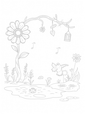 Oversized Flower Garden with Hummingbird and Heart Tree