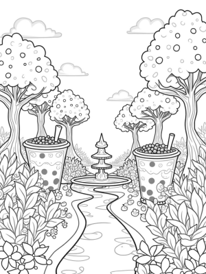 Boba Tea Garden with Oversized Cups and Tapioca Pearls