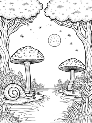 Whimsical Forest Clearing with Giant Mushrooms and Fireflies