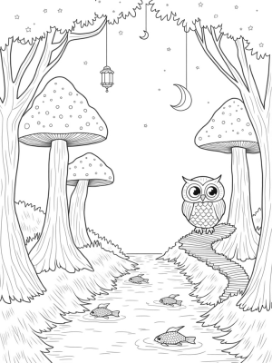 Giant Mushrooms and Whimsical Owls in a Forest Glade