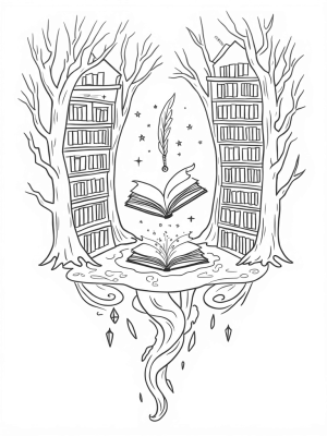 Floating Magical Library with Enchanted Books and Creatures