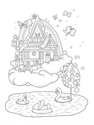 Floating Dream House with Rainbow Staircase and Giant Lipstick Tree