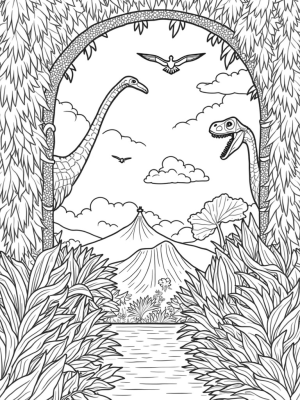 Prehistoric Jungle with Dinosaur Skeleton and Stegosaurus