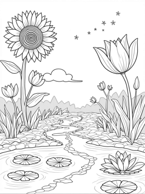 Oversized Flowers and a Serene Pond