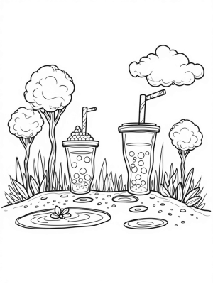 Boba Tea Garden with Colorful Cups and Cotton Candy Clouds