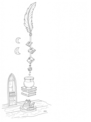 Floating Library with Magical Spellbooks and Creatures