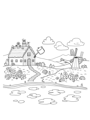 Farmhouse with Colorful Vegetable Roof and Rainbow Watering Can