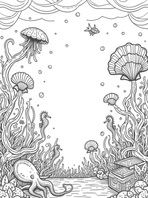 Underwater Garden with Seashells and Playful Sea Creatures