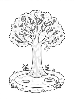 Four Seasons Tree with Pond and Garden Tools