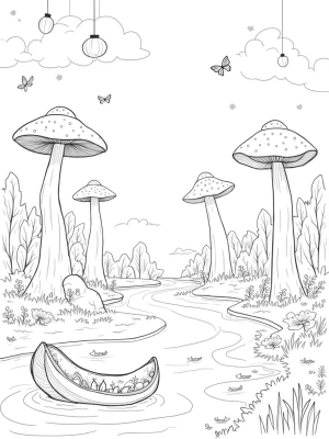 Enchanting Forest Glade with Giant Mushrooms and a Leaf Boat