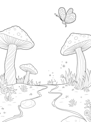 Oversized Mushrooms and a Twisted Tree in a Forest Clearing