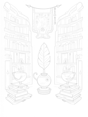 Magical Library with Spellbooks and Quills