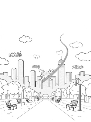 Spider Web Cityscape with Urban Park and Comic Panels