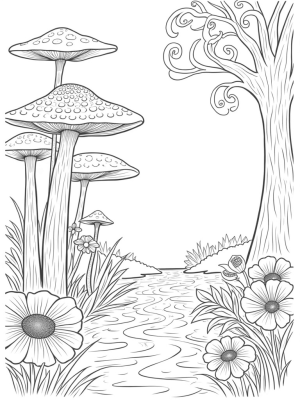 Mushroom Canopy and Flowing River in a Forest Glade
