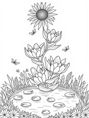 Spiraling Flower Staircase with Sunflower and Dragonflies