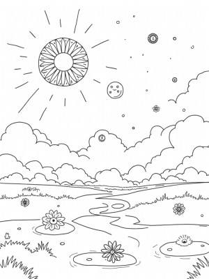Celestial Landscape with Sun, Moon, and Flowers
