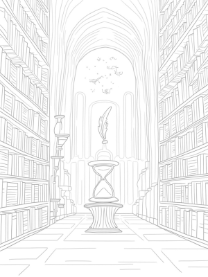 Enchanted Library with Floating Quills and Colorful Potions