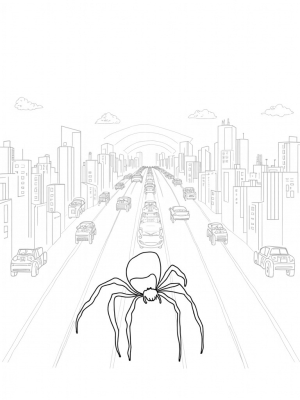 Twilight Urban Skyline with Giant Spiders