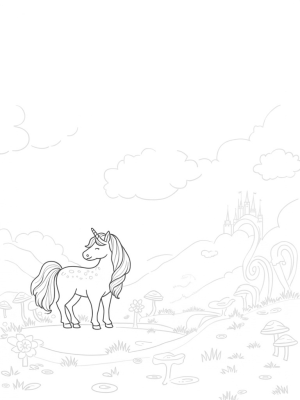 Dreamy Meadow with a Patterned Pony and Rainbow Castle