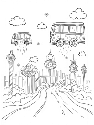 Floating Buses in a Candy Cloud Cityscape