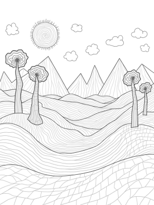 Checkerboard Hills with Spiraling Trees and a Gearing Sun