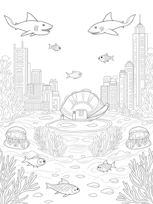 Underwater City with Sharks and Coral Skyscrapers