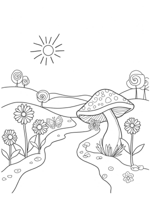 Oversized Flowers and Butterflies in a Whimsical Garden