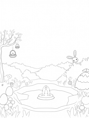 Giant Carrot Fountain and Colorful Eggs in a Garden