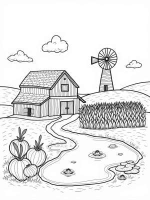 Colorful Patchwork Barn and Whimsical Farm Scene