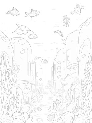 Underwater City with Dolphins and Jellyfish