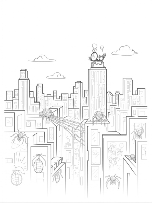 Urban Skyline with Giant Spider and Twisted Skyscrapers