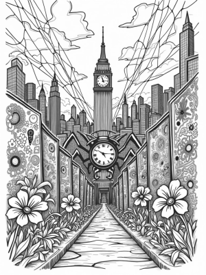 Cityscape with Spider-Shaped Clock Tower