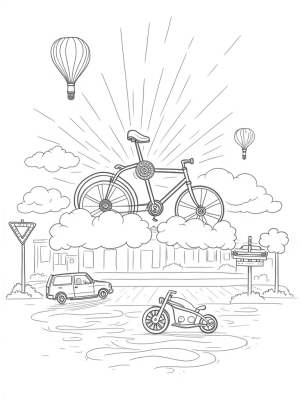 Floating Vintage Cars and Giant Bicycles in a Whimsical Cityscape