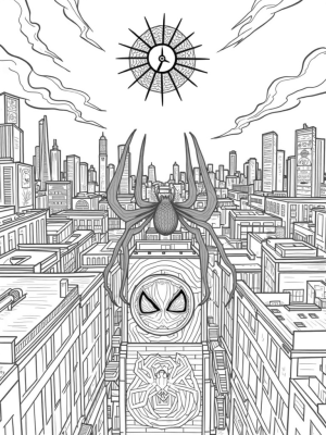 Urban Skyline with Spider Webs and a Giant Clock